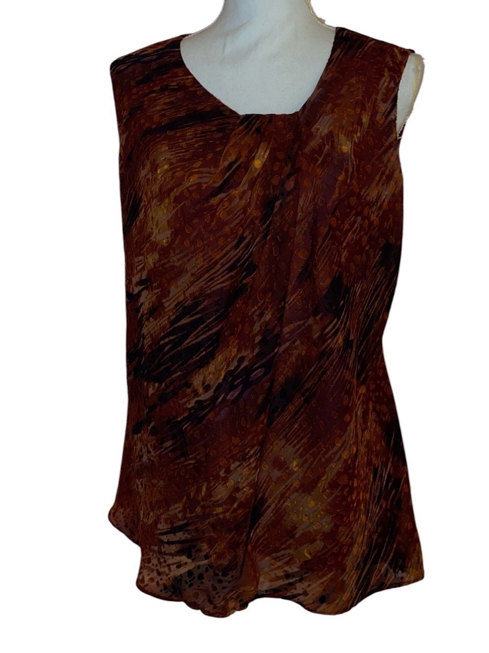 COLDWATER CREEK Sleeveless Blouse Flame Inspired Abstract Print Red Brown SZ LG - Picture 2 of 7